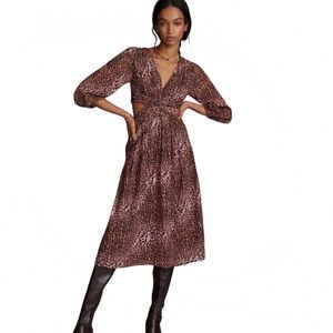 Anthropologie Cut Out Midi Dress in Brown Motif Brown animal print MP NWT